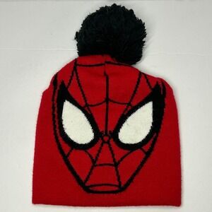 Marvel Ultimate Spider-Man Beanie Hat Red Black Knit Pom Pom‎ OSFM